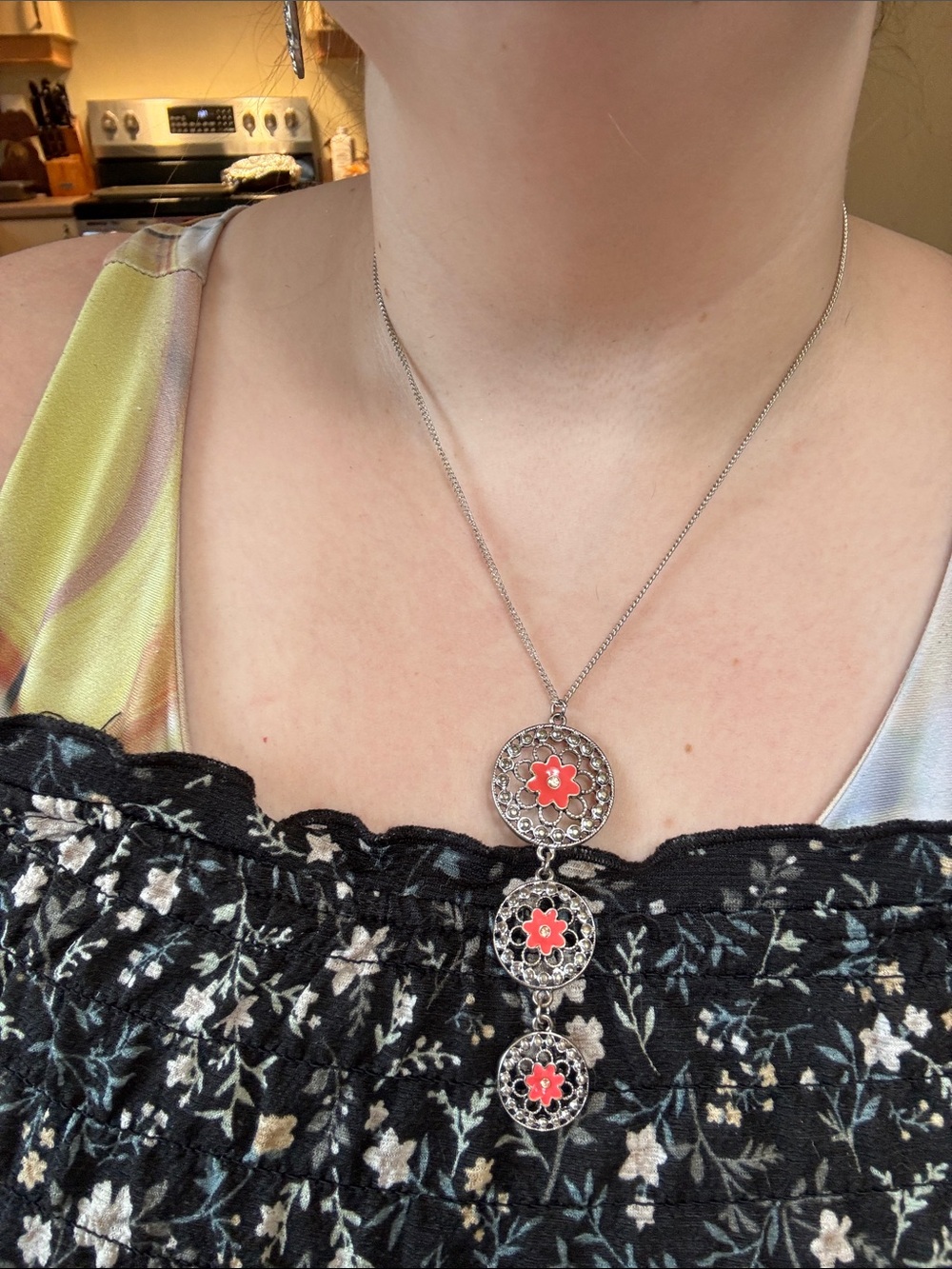Silver-tone Necklace with Coral Red Flowers